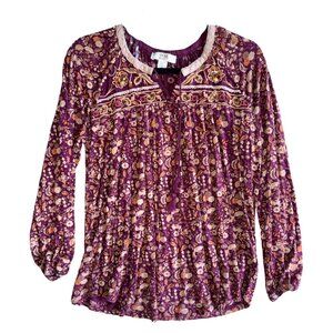 Vintage America India Purple Floral Paisley Babydoll Peasant Cottagecore Blouse